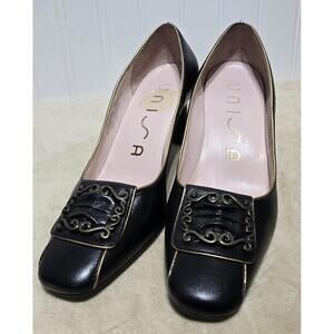 Unisa Black Leather Heeled Pumps with Decorative Buckle